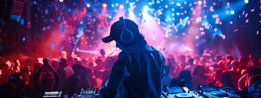 a dynamic dj energetically mixes tracks at a vibrant event, surrounded by an enthusiastic crowd dancing and reveling in the music's pulsating rhythm under colorful lights.