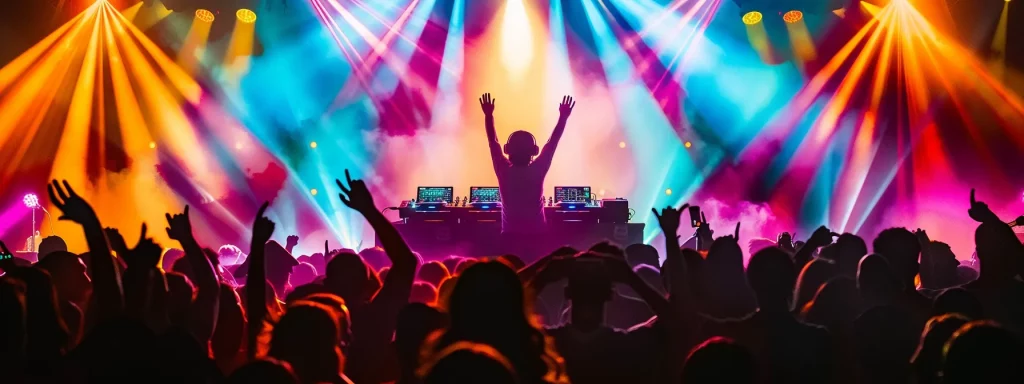 a dynamic dj, immersed in vibrant colored lights, interacts enthusiastically with an energetic crowd dancing joyfully, capturing the essence of an immersive and engaging live music experience.