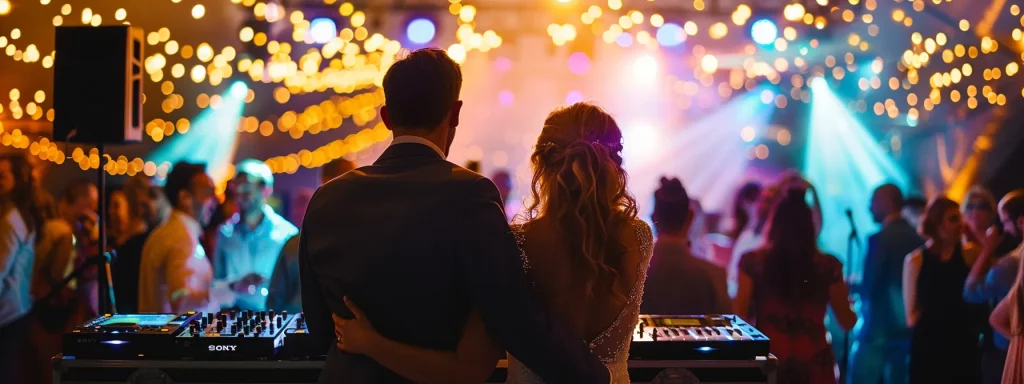 a lively wedding reception captures couples joyfully dancing under vibrant lights, with a professional dj at the mixing table creating an energetic atmosphere.