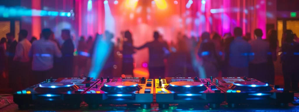 a vibrant dance floor illuminated by dynamic lights showcases an engaging dj mixing at a lively event, with guests immersed in the rhythm, capturing the essence of a memorable celebration and the value of professional entertainment.