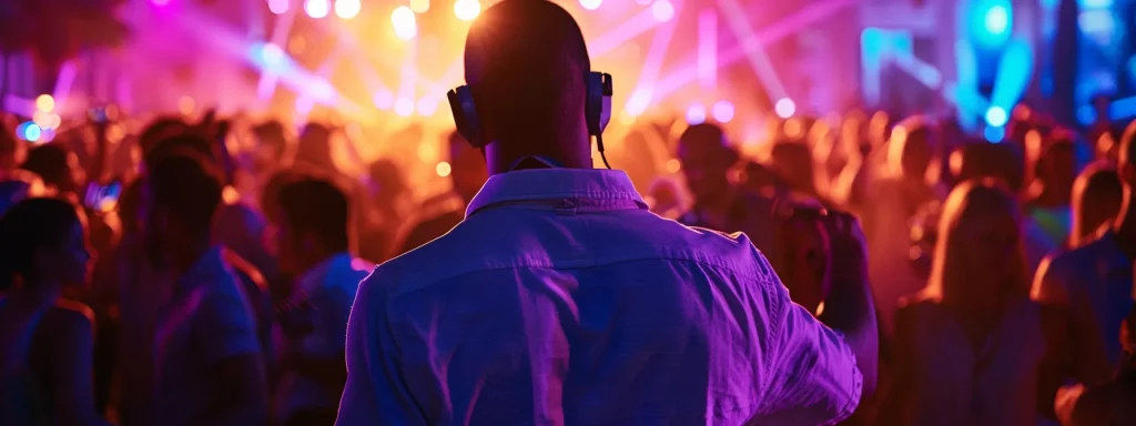 a vibrant, energetic scene captures a dj performing enthusiastically at a lively event, with colorful lights illuminating a crowd of people joyfully dancing, creating an atmosphere of celebration and rhythm.