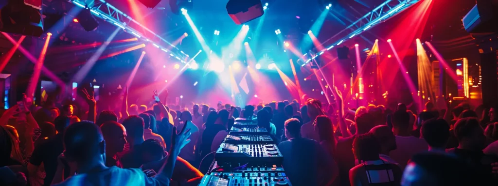 a vibrant nightclub scene filled with an energetic crowd dancing under pulsating colored lights, while a dj commands the turntables, creating an electrifying atmosphere that showcases their exceptional performance and social engagement.