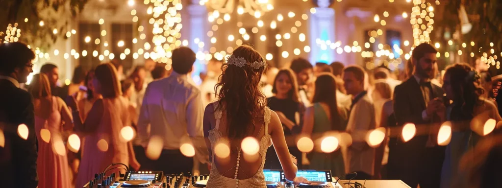 a vibrant wedding reception scene with a dj mixing lively music, surrounded by elegantly dressed couples dancing joyfully under twinkling fairy lights, encapsulating the celebration's personalized and energetic atmosphere.