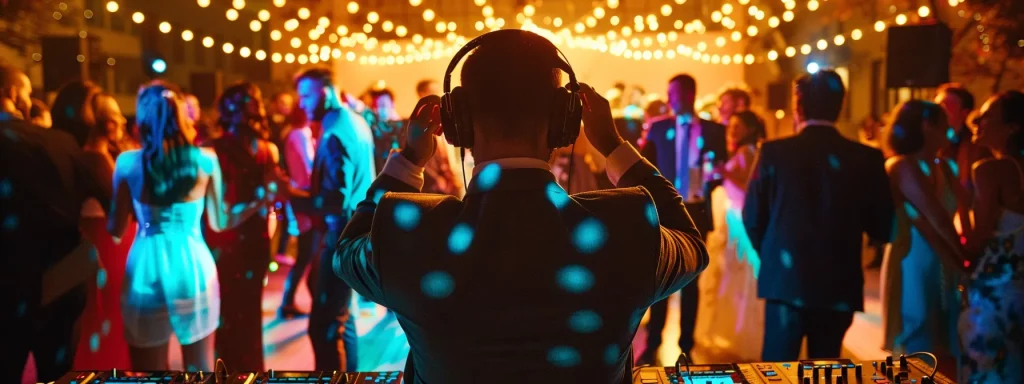 a vibrant wedding reception captures a professional dj skillfully managing a diverse music library, surrounded by joyful guests dancing and celebrating under dynamic lighting.