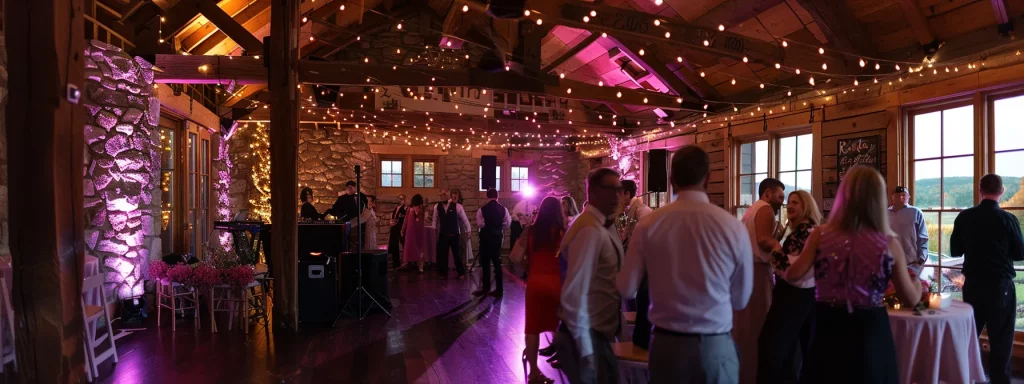 a vibrant wedding reception in south central pennsylvania, featuring a dj seamlessly blending local music with colorful lighting as joyful guests dance energetically, all captured in warm, ambient lighting to enhance the festive atmosphere.