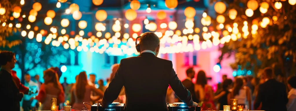 a vibrant wedding reception scene features a skilled dj behind a stylish setup, surrounded by joyful guests dancing under colorful lights, capturing the essence of celebration and music.
