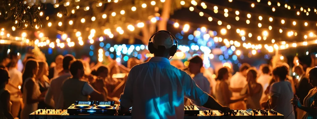 a vibrant wedding reception scene captures a lively dj energizing the crowd, with guests joyfully dancing under twinkling lights, creating a festive atmosphere that embodies celebration and togetherness.