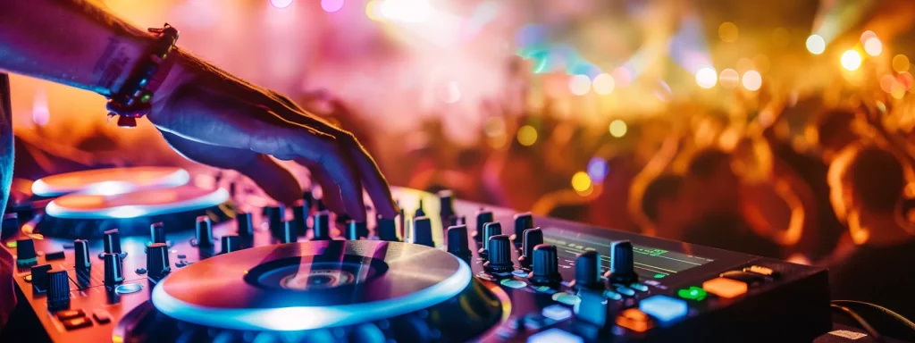 a dynamic wedding reception scene captures a professional dj spinning vibrant music as an excited crowd dances joyfully under colorful lights, showcasing a blend of experience and style.