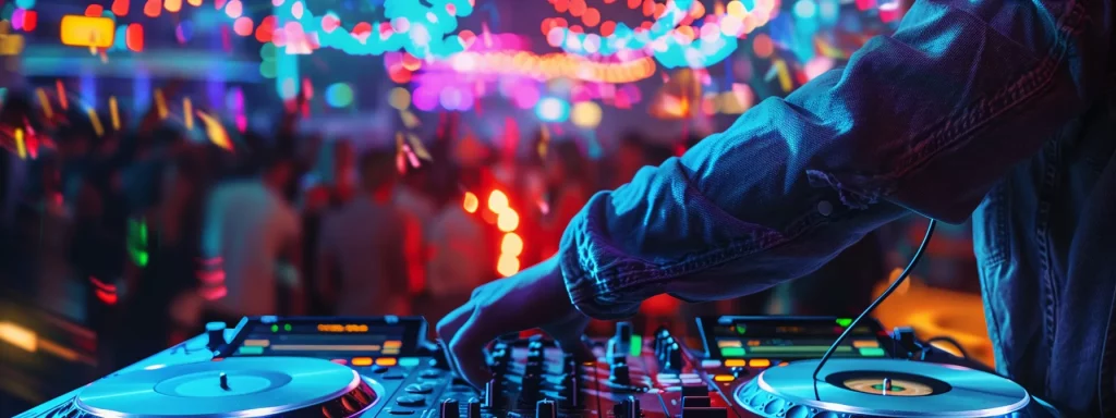 a high-energy nightclub scene captures a dj passionately performing at the turntables while a vibrant crowd dances joyfully, illuminated by colorful lights that enhance the electric atmosphere of the event.