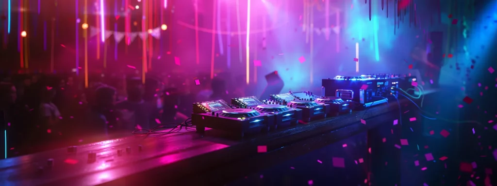 a vibrant dj booth illuminated by dynamic, colorful lights, with an engaged crowd dancing joyfully, capturing the electrifying atmosphere of a memorable event.