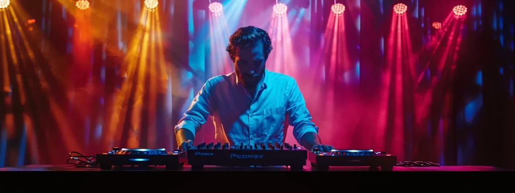 a vibrant dj booth illuminated by colorful lights, showcasing a skilled dj seamlessly mixing genres while an energetic crowd joyfully dances, embodying the perfect blend of music selection and event atmosphere.