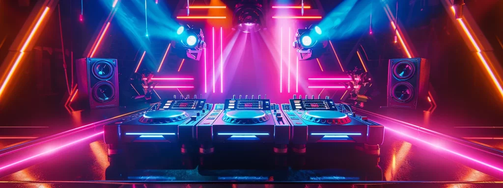 a vibrant dj stands behind a high-tech setup, seamlessly mixing electrifying tracks, while an ecstatic crowd dances under dynamic lighting, radiating energy and excitement.