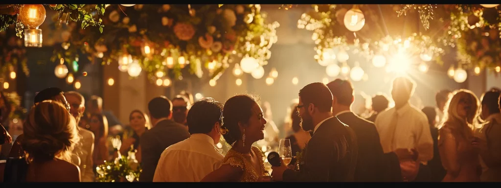 a vibrant wedding reception filled with elegantly dressed guests joyfully dancing under dazzling lights, while a professional dj skillfully mixes tracks at a high-quality sound setup, creating an unforgettable atmosphere.