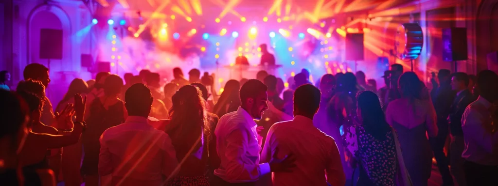 a vibrant wedding reception scene captures jubilant guests dancing under colorful lights, with a dynamic dj at the helm, surrounded by live musicians and interactive entertainment elements that reflect the couple's unique style.