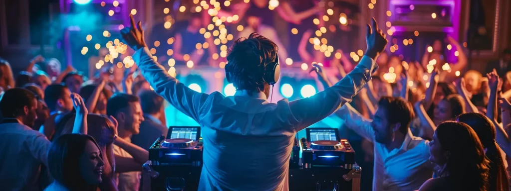 a vibrant wedding reception scene captures an energetic dj surrounded by joyful guests dancing under colorful lights, showcasing the perfect blend of musical genres that create an unforgettable atmosphere.