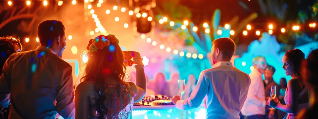 a vibrant wedding reception scene captures a lively dance floor filled with joyful guests under colorful lights, while a professional dj expertly mixes tracks at an elevated booth, emphasizing the importance of a contract for an unforgettable celebration.
