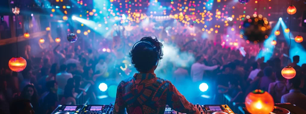 A DJ with a packed dance floor in the background