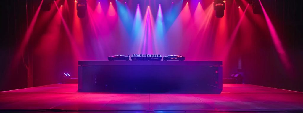 a dynamic dj booth illuminated by colorful stage lights showcases a dj skillfully blending tracks on a high-tech digital mixer, creating an electrifying atmosphere for a lively dance floor filled with enthusiastic partygoers.