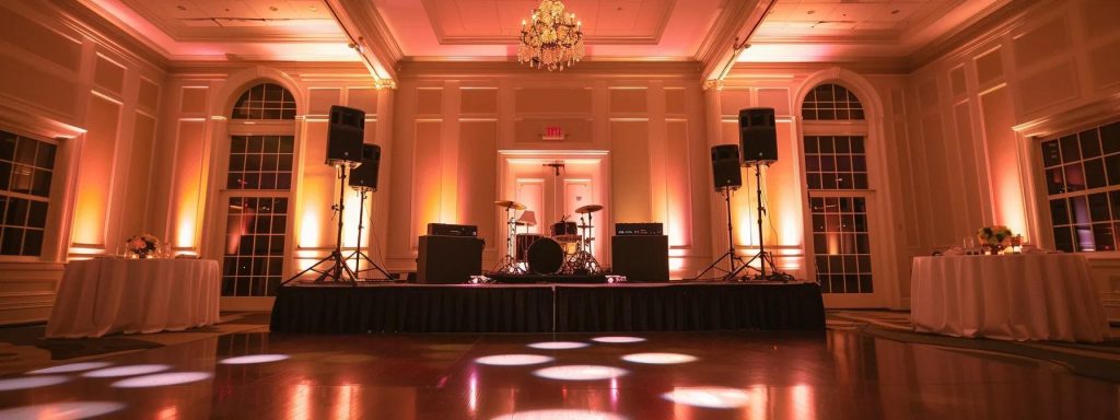 a dynamic wedding dj stands confidently at a sleek sound setup in an elegantly decorated banquet hall in york, pa, with vibrant lights reflecting off the walls, illustrating the energetic atmosphere that influences their mixing style.