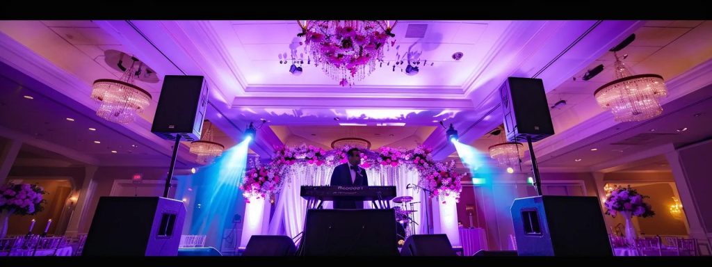 Dynamic wedding DJ setup with colorful lighting, floral decorations, and sound equipment, creating an inviting atmosphere for celebrations in York, PA.