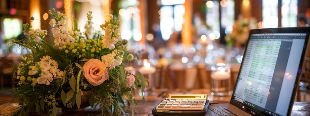 a focused office scene features a sleek desk with a laptop open to a budget spreadsheet, accompanied by a calculator and wedding-themed decorations, reflecting the meticulous planning for affordable wedding djs in york, pa.