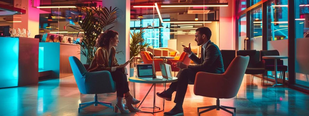a sleek, modern office environment features a couple sitting at a stylish conference table, engaged in an animated discussion with a professional wedding dj, surrounded by testimonials and colorful wedding-themed decorations that enhance the atmosphere of collaboration and excitement.