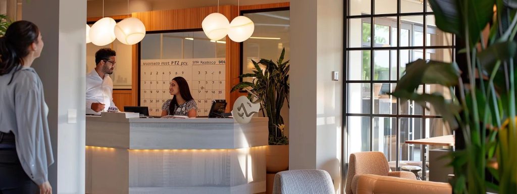 a sleek, modern wedding planning office features a professional consultant discussing details with a couple, while a calendar prominently displays dates for booking a dj, emphasizing the urgency of early reservations.