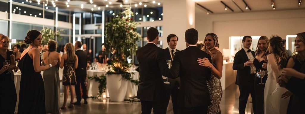 a sleek, modern wedding reception venue filled with elegantly dressed guests dancing joyfully under vibrant lighting, capturing the energy and engagement of a top dj creating a memorable atmosphere.