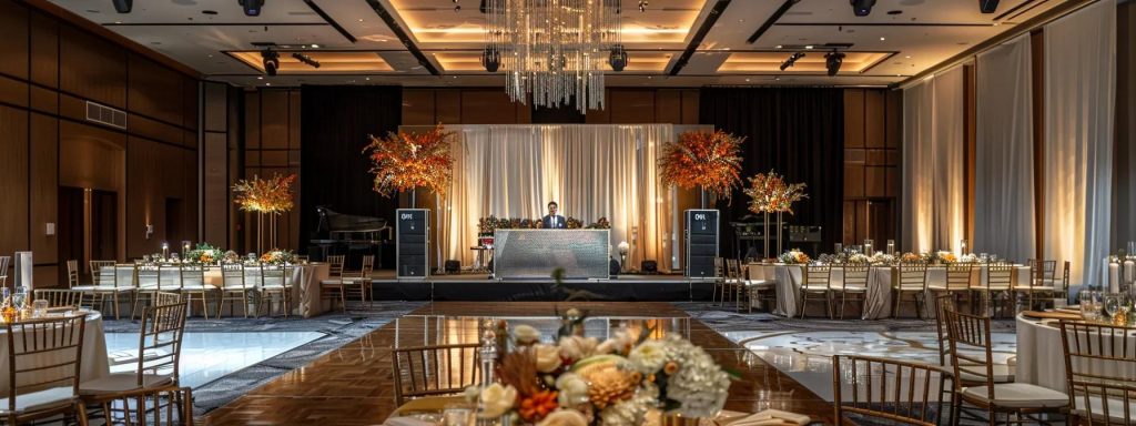 a sleek, modern wedding venue transformed for a celebration, featuring a stunning dj booth illuminated with vibrant lighting effects, an array of premium audio equipment, and a tasteful setup showcasing various service package options laid out visibly for couples to review.