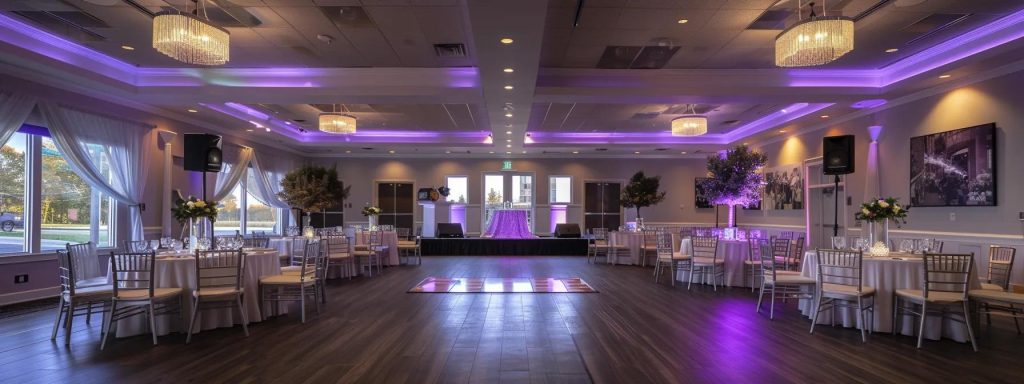 a sleek wedding reception hall in york, pa, illuminated with vibrant, colorful lighting, featuring a professional dj setup ready to create the perfect atmosphere for an extraordinary celebration.