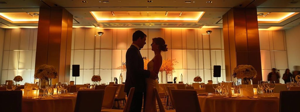 a stylishly arranged upscale conference room showcases a couple engaged in an animated discussion with a professional wedding dj, characterized by an elegant sound system and mood-enhancing lighting, embodying the essence of their upcoming celebration.