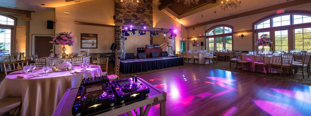 a vibrant, elegantly decorated wedding reception space in york, pa, featuring a professional dj booth set up with colorful lighting, as excited guests mingle and dance, embodying the joy and celebration of the couple's special day.
