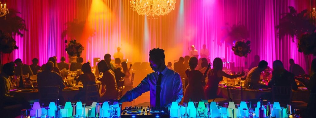 Vibrant wedding reception scene with DJ mixing music, illuminated tables, and guests dancing under colorful lights in a festive atmosphere.