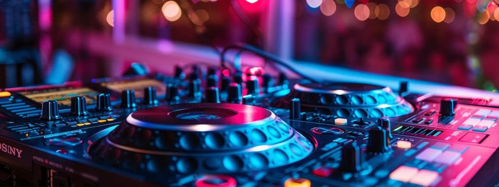 a vibrant wedding reception scene featuring a professional dj at an elegant setup, complete with state-of-the-art audio and dynamic lighting effects, while couples and guests enjoy a lively atmosphere filled with music and celebration.