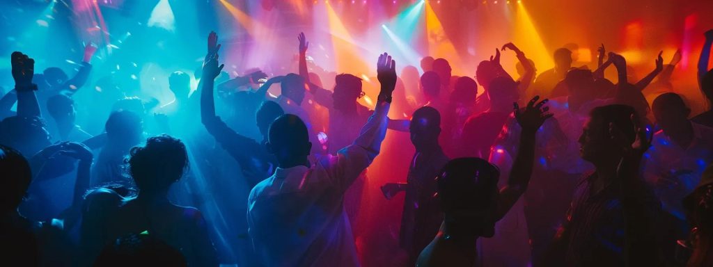 a vibrant wedding reception filled with joyous guests dancing under colorful lights, highlighting the dynamic presence of a skilled dj at the center of the celebration, expertly engaging the crowd.