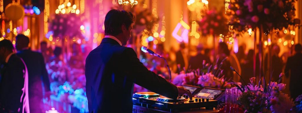 a vibrant wedding reception in an elegantly decorated venue, featuring a charismatic dj at a sleek turntable, surrounded by colorful lights and an engaged crowd dancing joyfully, capturing the essence of celebration and musical energy.