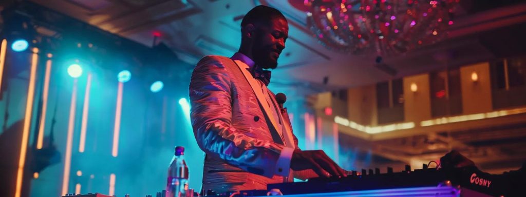 a vibrant wedding reception scene in a stylishly decorated banquet hall, featuring a top-tier dj skillfully managing an impressive sound and lighting setup while engaging with the lively dance floor, capturing the energy and joy of the celebration.
