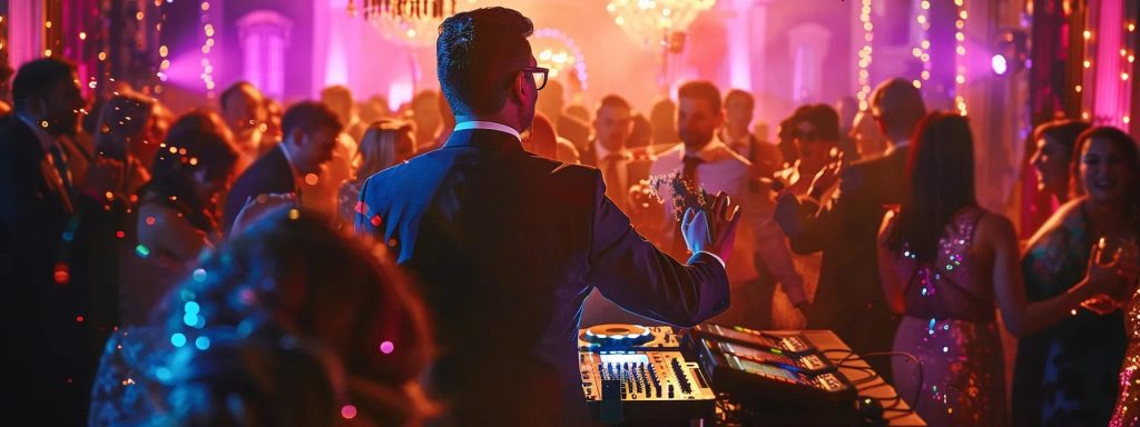 a vibrant wedding reception scene showcases a dynamic dj at the center of a bustling dance floor, expertly blending live remixes with thematic visuals illuminating the venue, while guests joyfully engage in celebration around him.