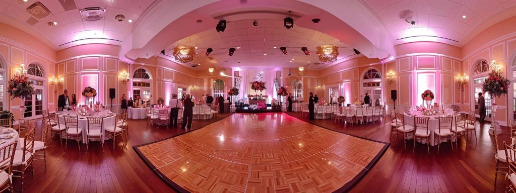 Vibrant wedding reception venue with elegant decor, round tables set for guests, and a spacious dance floor, ideal for memorable celebrations in York, PA.