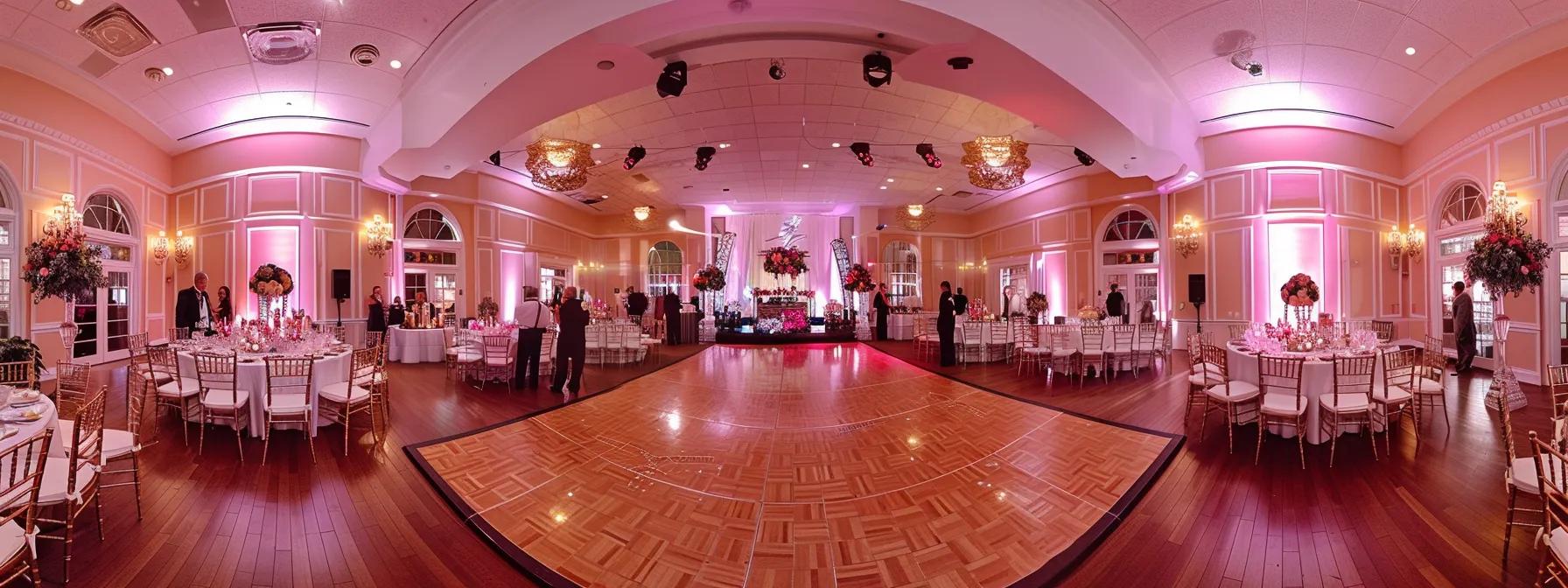Vibrant wedding reception setting with elegantly arranged tables, pink lighting, floral centerpieces, and a dance floor, showcasing a festive atmosphere for celebrations and DJ services.