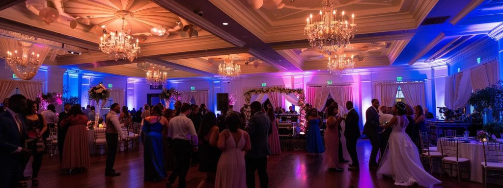 Vibrant wedding reception scene with guests dancing under elegant chandeliers, colorful lighting, and beautifully decorated tables, showcasing the lively atmosphere created by expert DJs in York, PA.