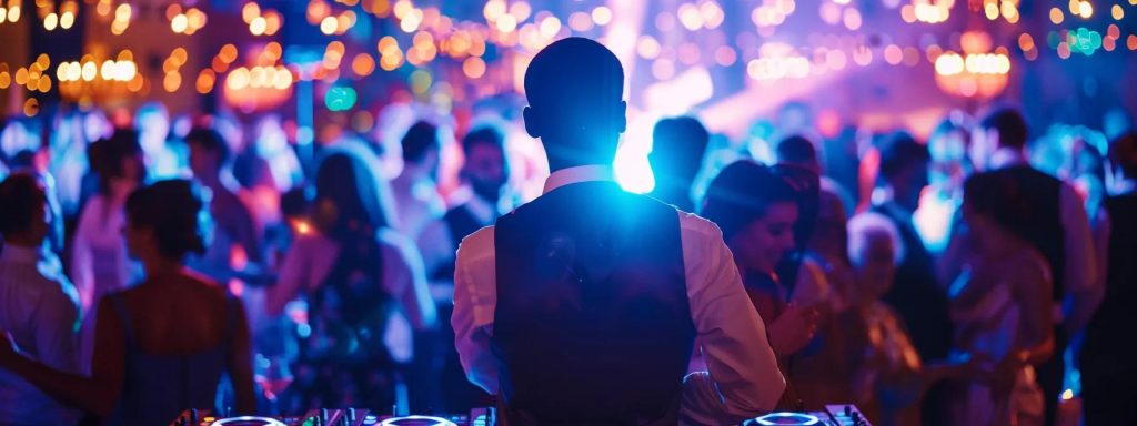 a vibrant wedding reception scene in a polished indoor venue showcases a skilled dj at the center, surrounded by elegantly dressed guests of all ages joyfully dancing amidst dynamic lighting and synchronized effects, capturing the essence of a memorable celebration.