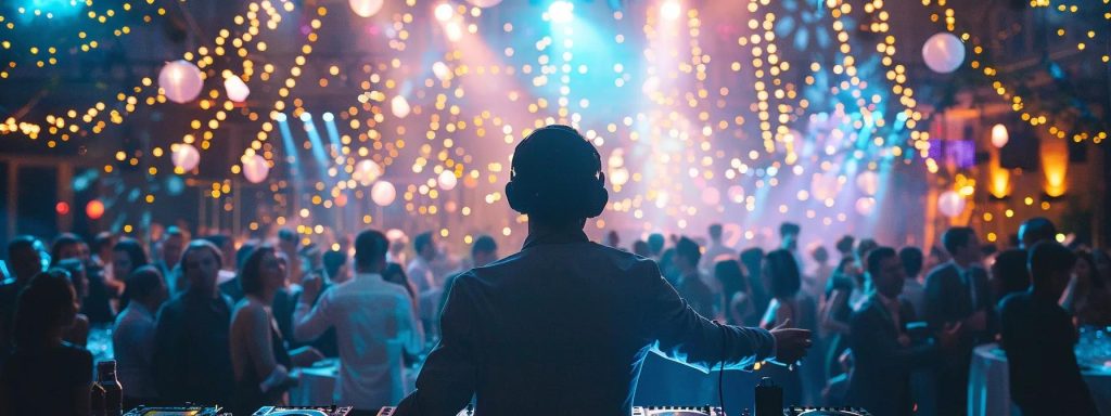 DJ performing at a vibrant wedding reception with colorful lights and lively guests dancing in York, PA, showcasing unforgettable moments and music.