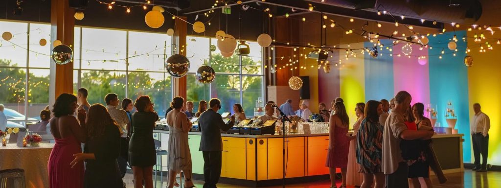 a vibrant wedding reception scene in a stylish york, pa venue showcases a skilled dj at a colorful booth, expertly mixing tracks from various genres, with guests joyfully dancing and celebrating the diverse musical vibe that unites all generations.