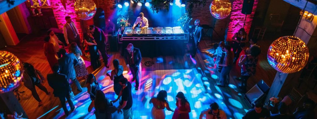 an elegantly decorated wedding reception hall in york, pa, features a vibrant dj booth harmoniously blending with the theme's color palette, illuminating the dance floor with dynamic lighting, while guests enjoy the rhythmic atmosphere created by the expertly matched mixing styles.