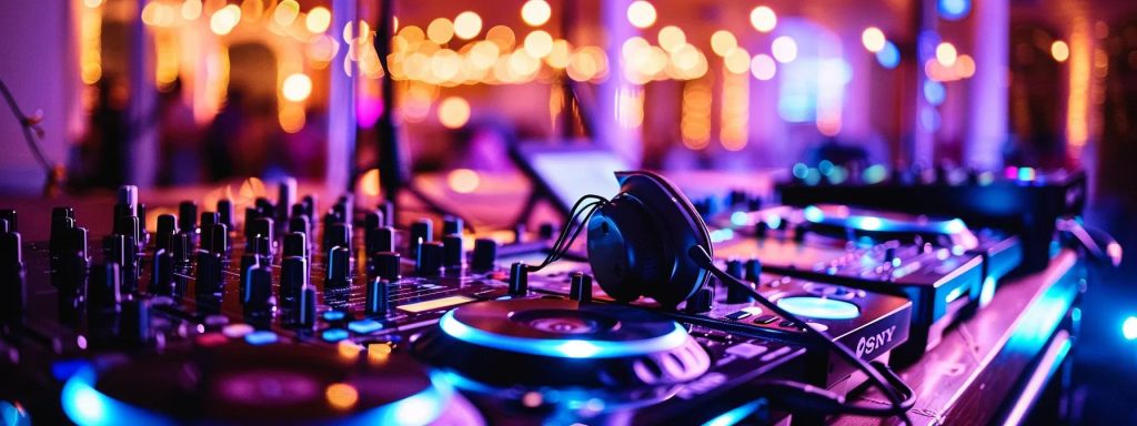 DJ equipment with vibrant lighting and bokeh effects, showcasing a professional setup for wedding celebrations and events in York, PA.